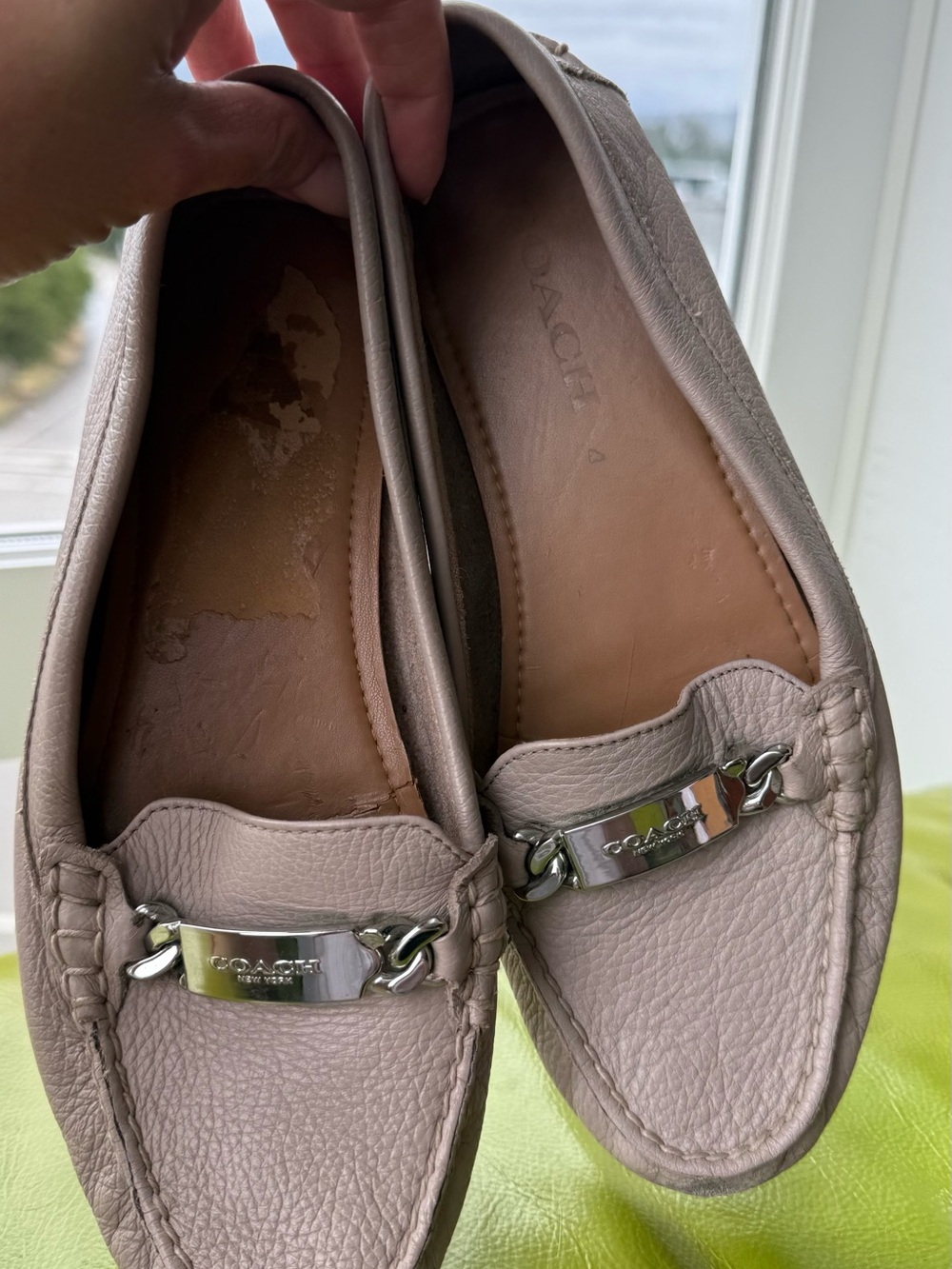 Coach Pebbled Leather Loafers in Taupe with Silver Hardware